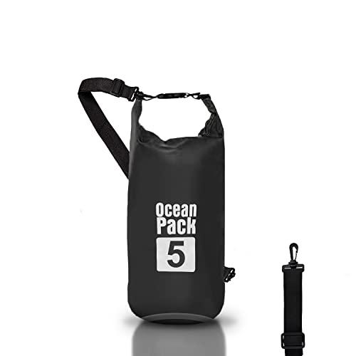 Dry Bag, Borsa Sacca Zaino Impermeabile Waterproof, chiusura a rotolo e tracolla, custodia impermeabile per cellulare e marsupio per Mare Barca Pesca Rafting Spiaggia Sport Acquatici (Black, 5l)
