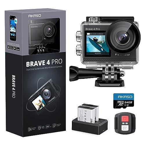 AKASO Brave 4 Pro Action Cam 4K 40M con Scheda di Memoria U3 da 64GB, Videocamera 20MP WiFi 170° Grandangolare Doppio Schermo EIS Stabilizzazione, Touch Screen, 5x Zoom