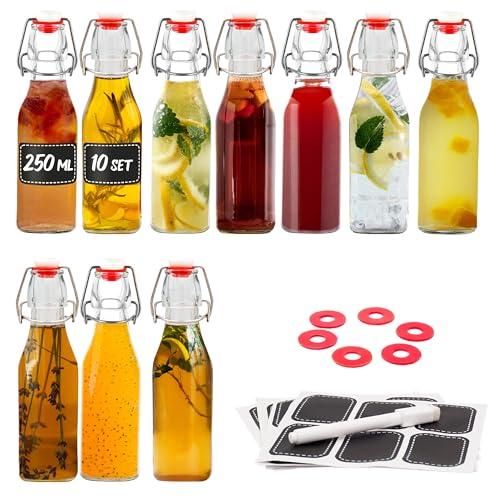 Praknu 10 Bottiglie Vetro 250ml con Tappo Ermetico - 10 Etichette e Penna - 10 Guarnizioni Extra - per Liquore, Olio, Birra & Vino
