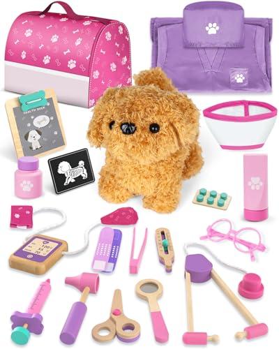 Valigetta Dottore Bambini, Kit Veterinario di Legno, Kit Dottoressa Bambina con Peluche Cane, Valigetta Dottoressa Bambina con Camice e Cappello, Giochi Bambini 3 Anni(Rosa)