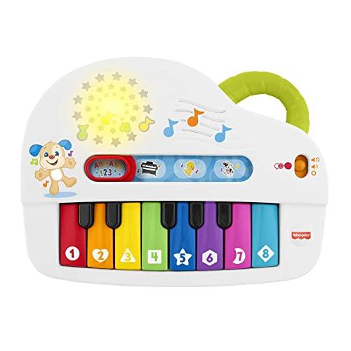 Fisher-Price - Pianoforte di Cagnolino Ridi & Impara, Pianoforte Giocattolo Portatile con Luci, Musica, Versi degli Animali,Educativi, 6+ Mesi, Edizione Inglese+Italiano+Portoghese+Spagnolo, HHX13
