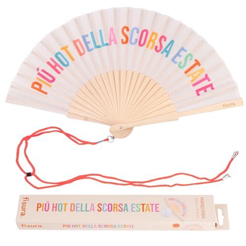 Fisura – Ventaglio in legno originale con messaggio “più hot della scorsa estate”. Accessorio trendy e colorato, ventaglio portatile beige con gancio incluso. Dimensioni: 42,5 x 23 cm