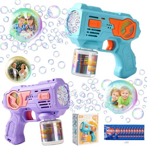 LTFIOON Set da 2 Pistole a Bolle per Bambini, Pistola a Bolle Automatica con Luci LED e 20 Bustine di Concentrato (10 ml), Macchina Bolle di Sapone Elettrica per Esterno, Compleanno e Feste