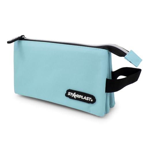 Starplast Astuccio 1 cerniera, 3 tasche scomparto, compatto, 10 colori, 22,5 x 12,5 x 3,5-11 cm, estensibile, con manico, grande capacità, per studenti secondari o università., Blu chiaro, Borse