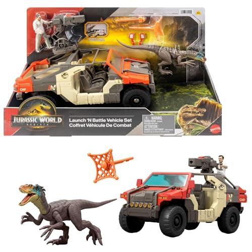 ​Mattel Jurassic World La Rinascita, veicolo con 1 personaggio umano e 1 dinosauro, camion Lancia e Combatti, personaggio di Martin Krebs e Velociraptor, torretta e 2 proiettili, JGB59