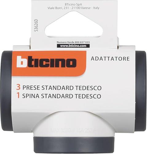 Bticino Adattatore S3626D, 3 Prese Schuko Standard Tedesco, Spina Grande 16A, Presa multipla su 3 Lati, Potenza Fino a 3500W, Multi Adattatore Versatile, Salvaspazio, Finitura Opaca, Bianco e Grigio