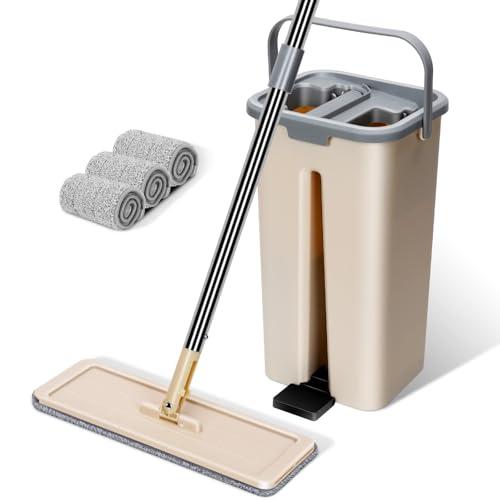 Masthome Mocio Lavapavimenti e Secchio Strizzatore, Mocio Piatto con Secchio a 2 Scomparti, Mop a Mani Libere con 3 Panni in Microfibra, Set Lavapavimenti per Pulire Pavimenti Casa (Beige)