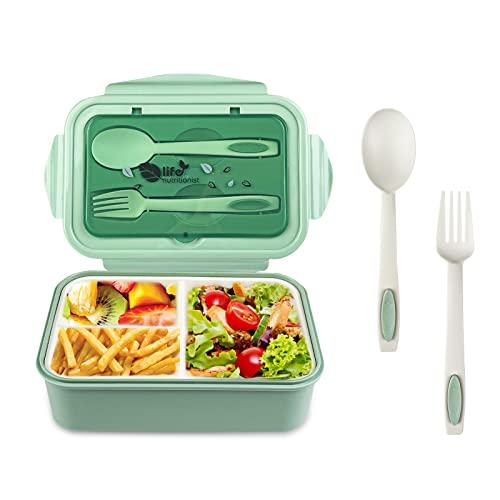 Newpop porta pranzo con 3 Scomparti e Cucchiaio Forchetta 1400ml, lunch box Perdite Senza BPA, bento box Adatto a Microonde e Lavastoviglie, portavivande per Lavoro Scolastico, Verde