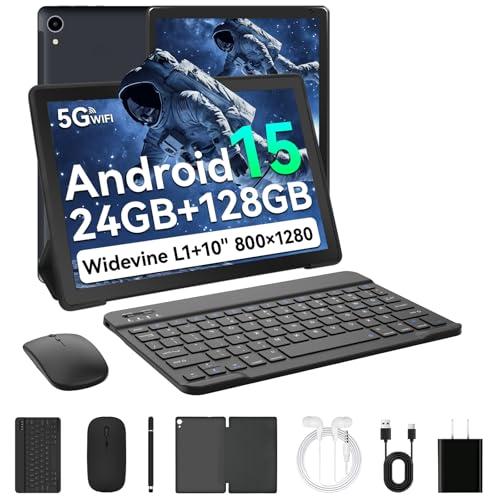 Laptok Android 15 Tablet 10 Pollici, 24GB RAM+128GB ROM, Octa Core 2.0GHz /WiFi 6+2.4G/GMS/5000mAh/Bluetooth 5.2/Widevine L1/8MP+5MP/Tablet 2 in 1 con Tastiera, Mouse, Cuffie, Penna e Custodia