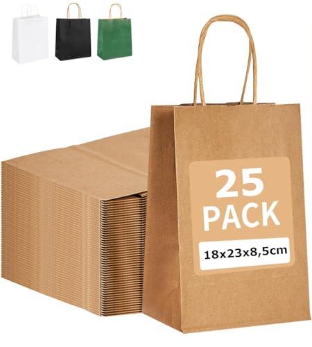 PAKNOR® 25 sacchetti di carta marrone con manico, 18 x 21 x 8 cm, con manico in corda, sacchetti regalo, sacchetti di carta kraft, calendario dell'Avvento fai da te (marrone, 25 pezzi)