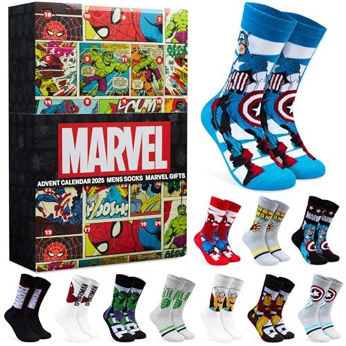 Get Trend Marvel Calendario Avvento 2025 per Uomo e Ragazzi, 24 Paia Calze Divertenti, 41-45, Tema Supereroi Spiderman Hulk Iron Man, Countdown Natale