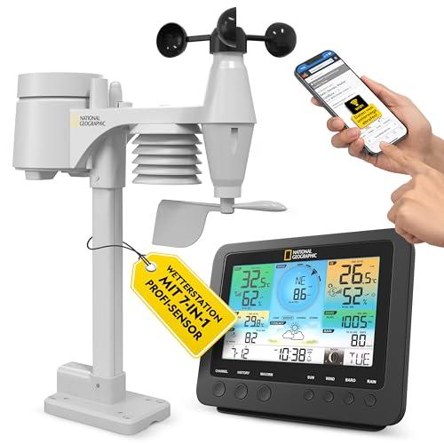 National Geographic Stazione meteo wireless con sensore da esterno WLAN, centralina meteo a colori con sensore 7 in 1 per vento, umidità, temperatura, precipitazioni, livello UV e intensità della luce