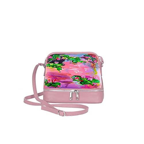 Borsa in Pelle Dipinta a Mano – LE NINFEE ROSA DI MONET – a Spalla, a Tracolla, Borsetta, Tracollina Donna, Idea Regalo, Arte Lisanti, Artigianato Italiano, Made In Italy, Vera Pelle