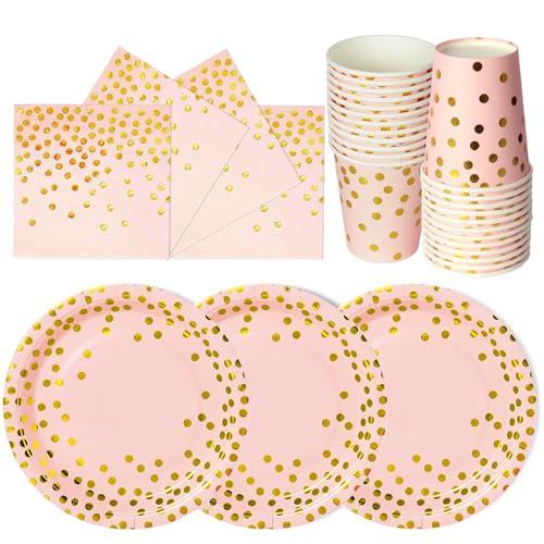 PYAILI Oro Rosa Stoviglie Feste 72 Pezzi Festa della Addobbi Ragazza Compleanno Dambini Articoli Feste Set Include Piatto Usa e Getta Carta Party Tazze Tovaglioli-24 Ospiti