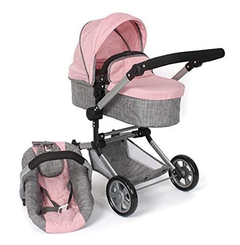 Bayer Chic 2000 - Passeggino per bambole Linus, passeggino combinato 3 in 1 per bambini dai 4 agli 8 anni, set passeggino per bambole, grigio melange, rosa, 72 x 41,5 x 82 cm