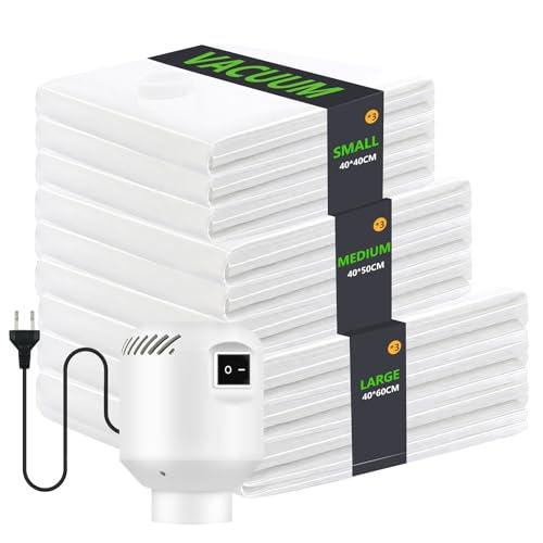 9 Pezzi Sacchi Sottovuoto Vestiti con Pompa Elettrica, 3x 40x40cm / 3x 40x50cm / 3x 40x60cm Buste Sottovuoto Vestiti per Coperte,Cuscini, Viaggi, Traslochi, articoli stagionali