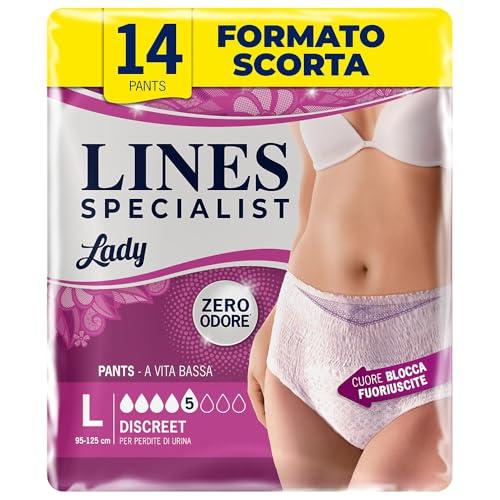Lines Specialist Lady Pants Discreet, Mutande Assorbenti per Incontinenza Donna, Vita Bassa, Femminili e Discreti, Zero Odore e Barriere Laterali Protettive, Taglia L, 2 Confezioni da 7 Unità