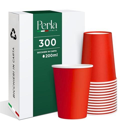 Perla - 300 Bicchieri in Carta da 200ml Ecologici Biodegradabili Monouso - Adatto per Bevande Fredde e Calde - Prodotto e confezionato in Italia - Made in Italy (Rosso)