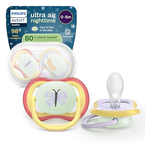 Philips Avent Ultra Air Nighttime Pacifiers - Design ortodontico, per neonati 0-6 mesi, fluorescente, tettarella simmetrica in morbido silicone, senza BPA,confezione da 2, SCF376/25