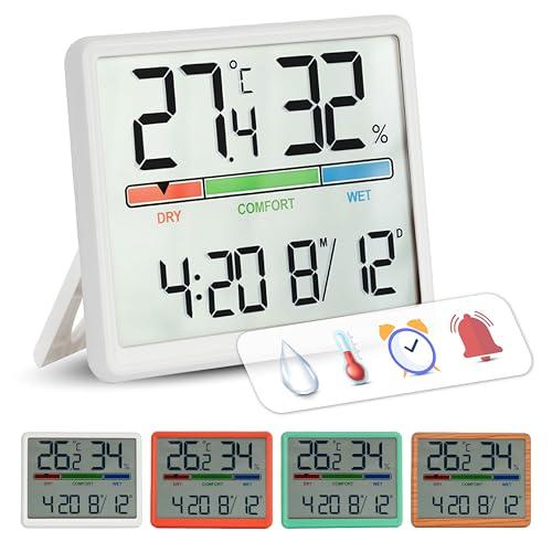 GIFTMARKET - Termometro digitale per interni con igrometro, indicatore di comfort, orologio e calendario, colore bianco, ideale per casa, materiale ABS, dimensioni 9,3 x 7,2 x 1,6 cm