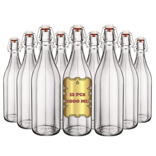 FDG - Bottiglia per acqua in vetro vuote 1 L - Set da 12 Bottiglia Costolata in Vetro con Tappo Ermetico 1 L - Bottiglie da tavola stile vintage ed elegante - Bottiglie per acqua frizzate e naturale