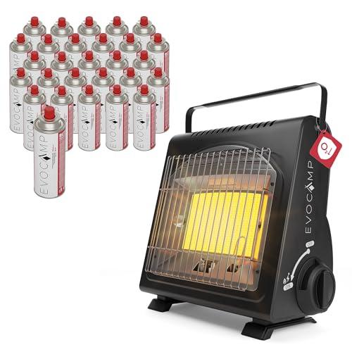 EVOCAMP Riscaldatore a gas portatile, riscaldatore da campeggio 1,7 kW, riscaldatore a gas per esterni con sistema di sicurezza contro la carenza di ossigeno (+ 28 cartucce di gas)