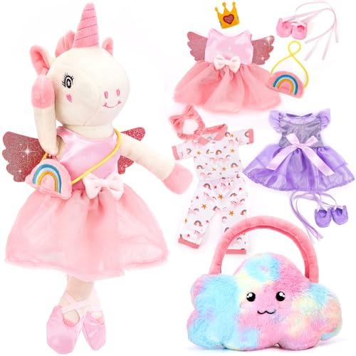 hahaland Regalo Bambina 3-6 Anni, 10 PCS Set di Unicorno Bambina Regalo con Unicorno Peluche, Borsa e 3 Abiti, Vestire la Bambola Giochi Bimba 3 4 5 6 Anni Femmina