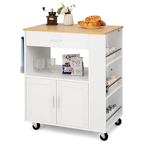 COSTWAY Carrello da Cucina con Ruote, Isola da Cucina con 3 Portaspezie 1 Cassetto Armadietto a 2 Porte, Carrello Portaoggetti con Portasciugamani, 82x46x92 cm (Bianco)