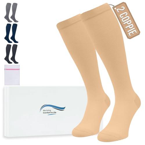360 Relief Calze Compressione Graduata Donna e Uomo - 2 Coppie Solido Colore Gambaletti Compressione Graduata per Sports, Running, Viaggio, Ciclismo, Lavoro - S/M Beige con Borsa Lavanderia