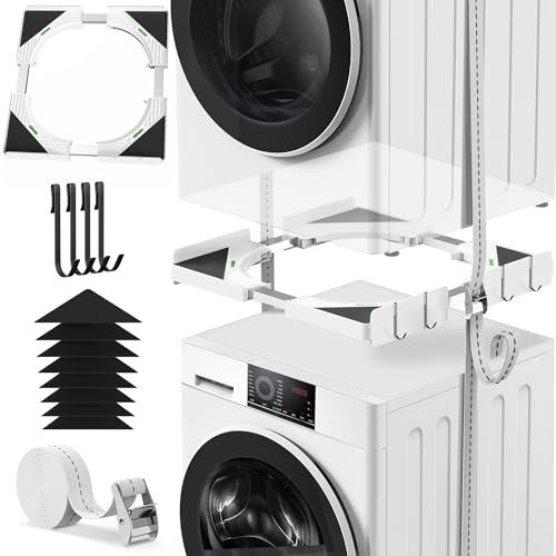 Ultrasottile Kit Sovrapposizione Lavatrice & Asciugatrice Universale | Sistema di Impilaggio Regolabile 45-68cm/ Con 4 ganci | Anti-Vibrazione & Installazione Senza Fori per Candy/Whirlpool (Bianco)