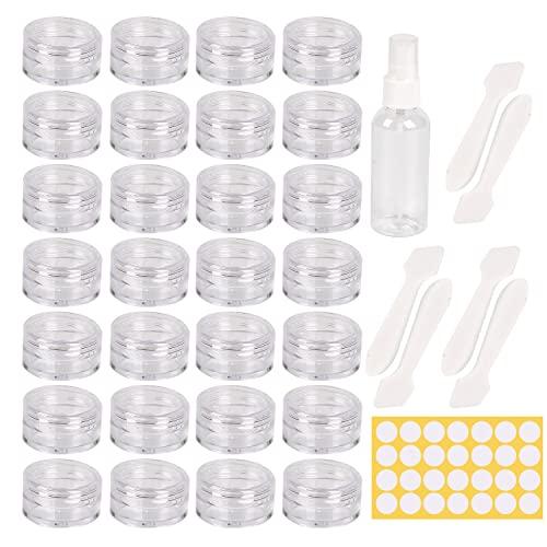 70 pezzi 5 ML contenitori cosmetici vuoti +6 pezzi di raschietto + 1 pezzo di flacone spray + 80 pezzi di adesivi,vasetti plastica