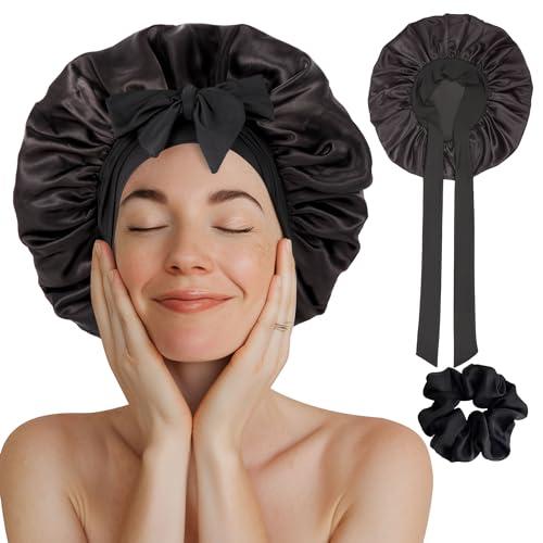 Cuffia Seta Capelli Ricci,cuffia capelli ricci notte,cuffia in seta per dormire,Berretto da notte in seta con cinghie regolabili,Berretto per Dormire in Raso Morbido e Confortevole (Black 1PCS)