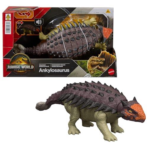 Mattel Jurassic World La Rinascita Anchilosauro Ruggito Selvaggio, action figure snodata del dinosauro con attacco multiplo della testa azionato con la coda e suoni, gioco digitale, JGB90