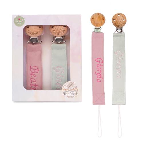 Filo e Poesia Catenella Portaciuccio Con Nome, Personalizzato con nome ricamato, tanti modelli e colori Portaciuccio da poter scegliere, ottima idea regalo per Baby Shower (Rosa-Verde)