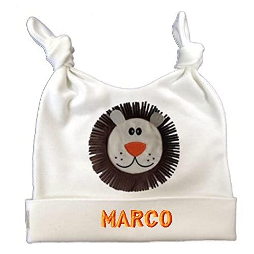 Zigozago - Cappellino Cuffia con due simpatici nodi in Cotone per neonato con ricamo Leone | Fatto a Mano | Personalizzabile con Nome Ricamato, Bianco, Taglia 0-6 e 6-12 Mesi