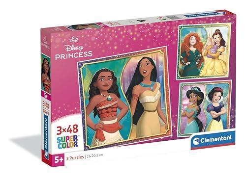 Clementoni - Puzzle per Bambini 3x48 Pezzi Supercolor, per Bambini 5+ Anni, Illustrazioni Disney Princess, Idea Regalo, Made in Italy, 32x22 cm, 25064