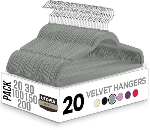 Utopia Home - Grucce in velluto - Antiscivolo e resistenti con barra per cravatte - Grucce salvaspazio per camicie, giacche e vestiti (Grigio, Confezione da 20)
