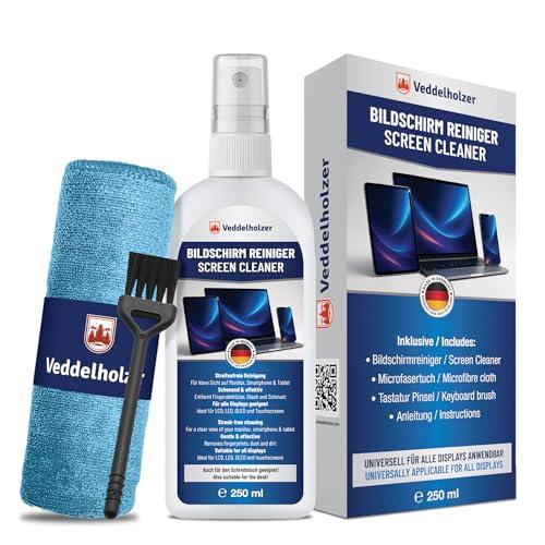 Veddelholzer Set di pulizia dello schermo da 250 ml, detergente per display con panno in microfibra e pennello per tastiera, per laptop, monitor, TV, smartphone, display auto, pulizia senza strisce