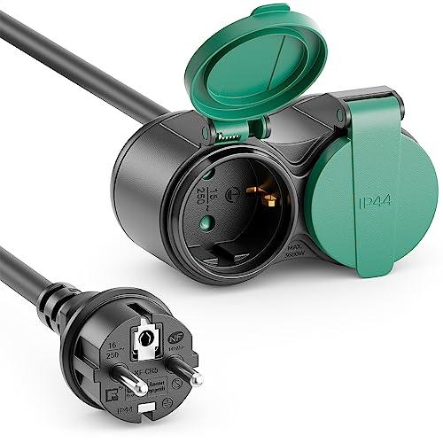 deleyCON 10m Cavo di Prolunga da Esterno IP44 (H07RN-F 3G1.5mm²) Cavo Elettrico di Prolunga in Gomma Resistente alle Intemperie per Uso Esterno - Spina con Contatto di Protezione a 2 Prese - Nero