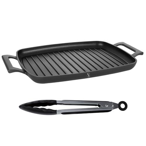 Stone&Stone Griglia Bistecchiera rettangolare 47cm | Piastra PROFESSIONALE fondo induzione in Acciaio | Antiaderente Tedesco | per forno grigliate bbq gas super resistente e antiaderente + pinza
