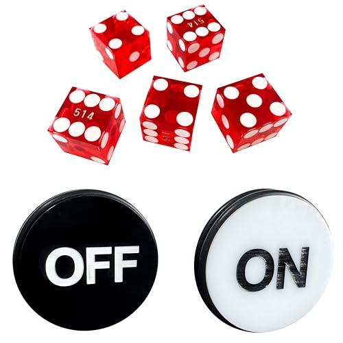 Yuanhe Casino Craps - Set di dadi da casinò serializzati di precisione da 19 mm, set di 5 dadi da casinò rossi e pulsante on/off da 7,6 cm