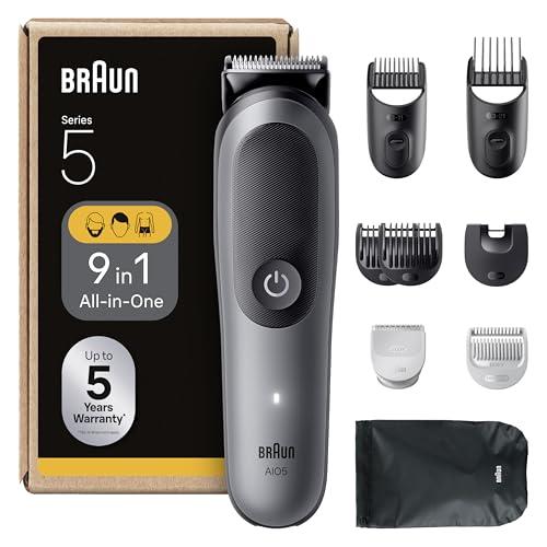 Braun Rifinitore All-in-One Series 5, Rasoio Elettrico Corpo Uomo, Barba E Capelli 9In1 Con Lama Ultra Affilata, Tecnologia SkinGuard Per Il Corpo, 120 Min di Autonomia, AIO5545, Grigio