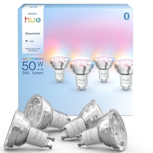 Philips Hue Essential Smart LED GU10 Spotlight, Luce Bianca e Colorata, 4.7 W, 2200 K–6500 K, 345 lm, Dimmerabile, Compatibile con Alexa, Google Assistant e Apple Home, Pacco da 4