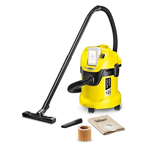 Kärcher WD 3 Battery - Bidone Aspiratutto Solidi Liquidi, Potente Aspirapolvere a batteria da 36V, 300W, con Sacco, Funzione Soffiante, Giallo/Nero