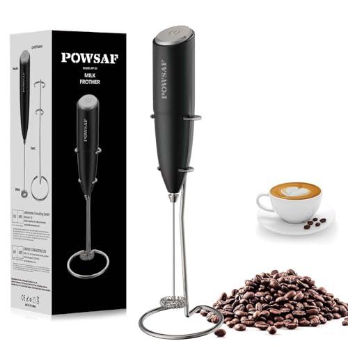 POWSAF Montalatte Elettrico, Cappuccinatore con Supporto, Montalatte Manuale, 13000 Giri/Min, Frullino Montalatte per Latte per Caffè, Latte, Cappuccino, Nero