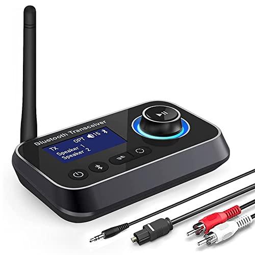 Ainostone Trasmettitore Ricevitore Bluetooth 3-in-1 Adattatore Audio Bluetooth 5.3 per 2 Cuffie con Cavi Bypass Aux/Ottico/RCA ON/off Automatico LCD Display Controllo Volume per TV Stereo Casa PC