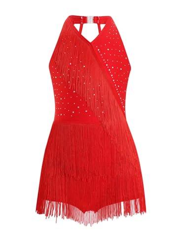 Alvivi Abito da Ballo Latino Americano Bambina Frange Body Balletto con Strass Vestito da Ballo Moderno Danza Classica Body Ginnastica Ritmica Dancewear Rosso 7-8 anni