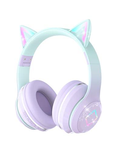 Xunpuls Cuffie Bluetooth per Bambini, Senza-Fili Cuffie Over-Ear, Con orecchie LED, Pieghevole, Con Microfono, Micro SD/TF, HD Stereo, Cuffie ragazze orecchie gatto per scuola/scrivania/PC/TV