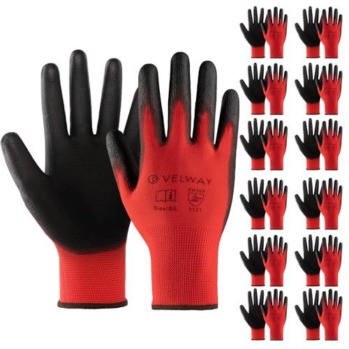 Velway Guanti da Lavoro Protettivi 12 Paia - Resistenti all'Abrasione - Fibra Poliestere con Rivestimento in PU - Versatile Protezione Meccanica Industriale Giardinaggio Montaggio - Rosso Taglia 9/L