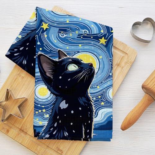 Asciugamani da cucina a forma di gatto, 61 x 35 cm, incantevole notte stellata con luna piena, asciugamani per cucina, casa, fattoria, strofinaccio in microfibra assorbente, regalo per amanti dei